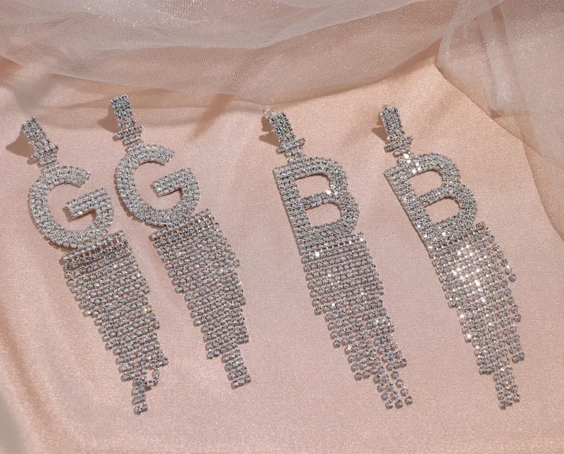 Silver Rhinestone Letter and Number Dangle Earrings